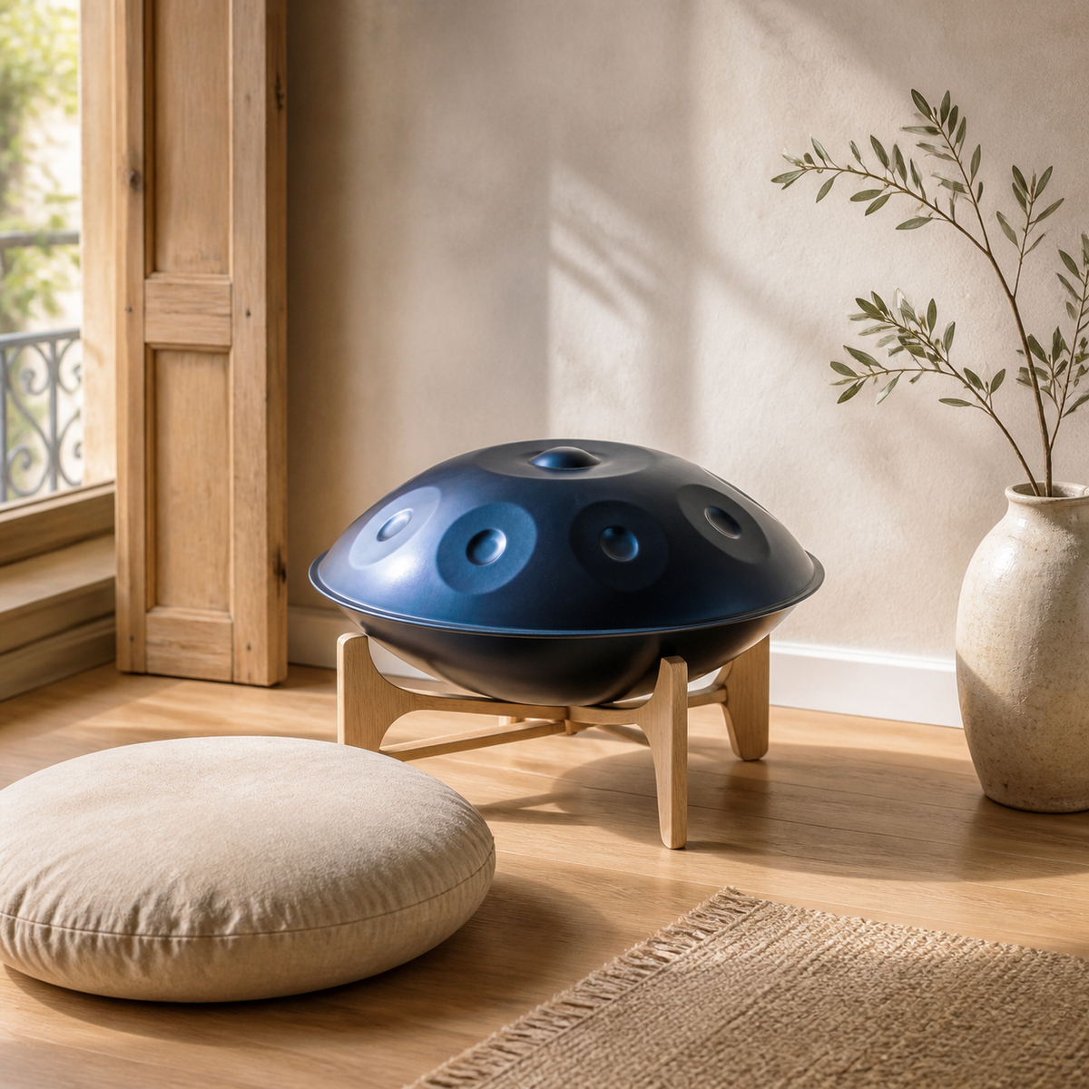 Handpan ELYSIUM bleu — mise en situation originale