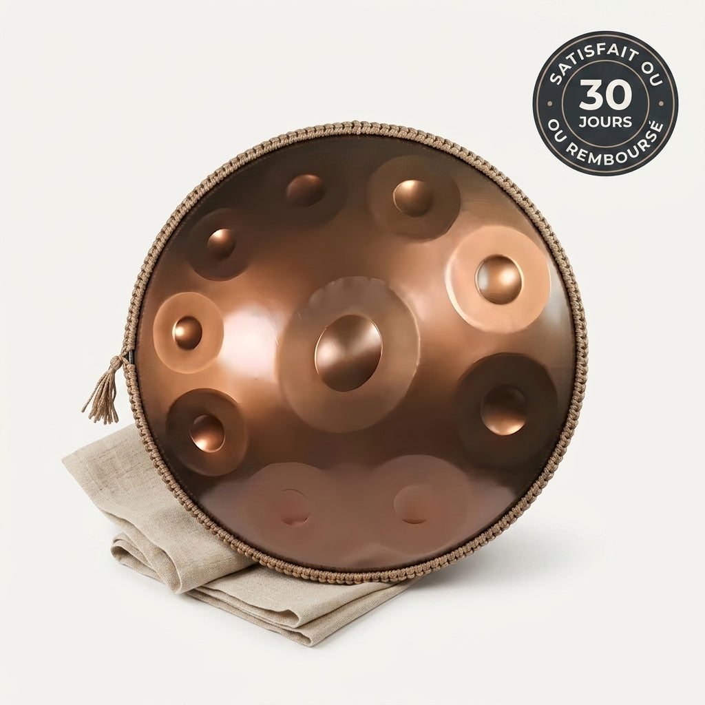 Handpan Aura Sacrée — Ré mineur (D Kurd) — vue studio, garantie satisfait ou remboursé 30 jours
