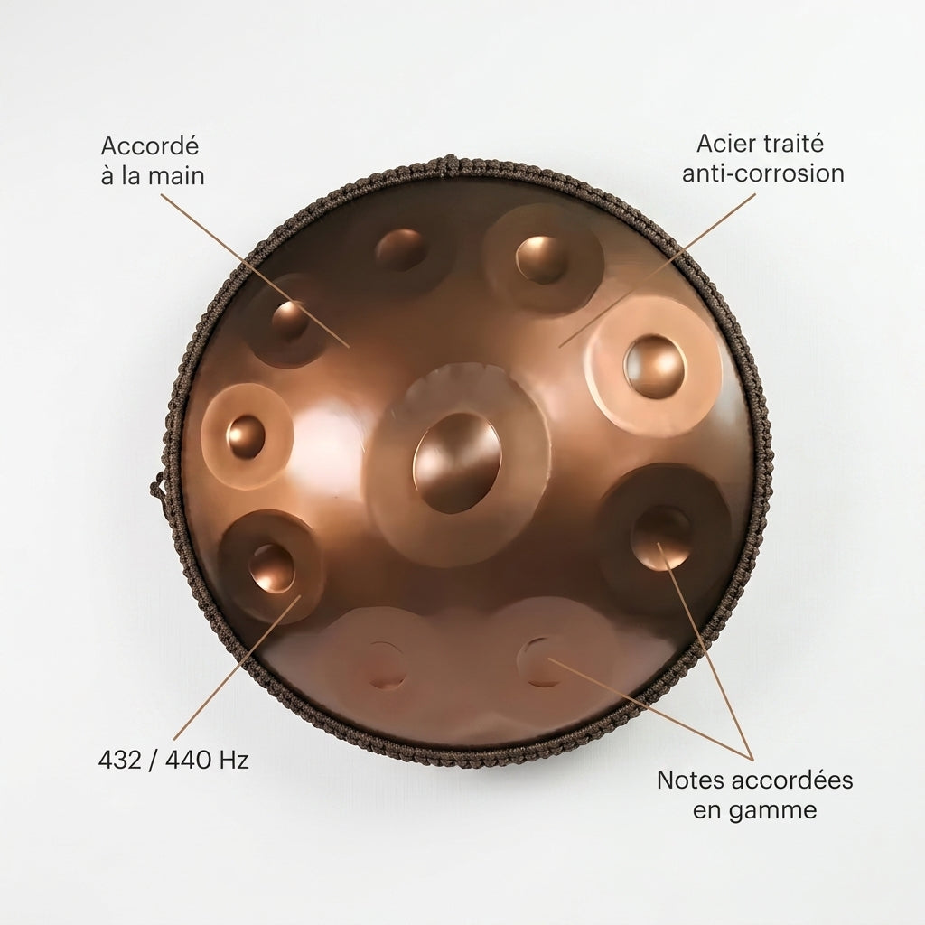 Handpan Aura Sacrée — Ré mineur (D Kurd) — accordé à la main, acier traité, 432/440 Hz