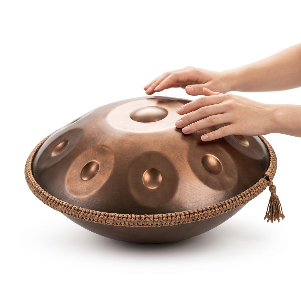 Handpan Aura Sacrée — Ré mineur (D Kurd) — gros plan, prêt à jouer