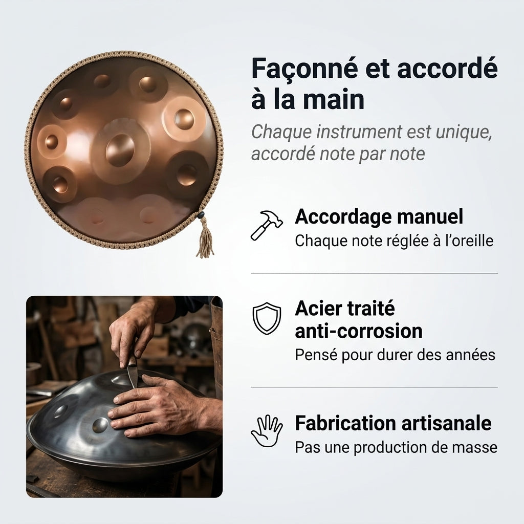 Handpan Aura Sacrée — Ré mineur (D Kurd) façonné et accordé à la main par nos artisans