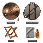 Handpan Aura Sacrée — Ré mineur (D Kurd) — ce qui est inclus : housse, support, kit d'entretien