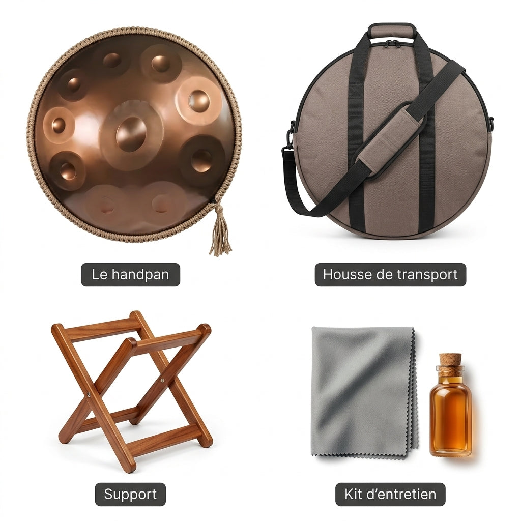 Handpan Aura Sacrée — Ré mineur (D Kurd) — ce qui est inclus : housse, support, kit d'entretien