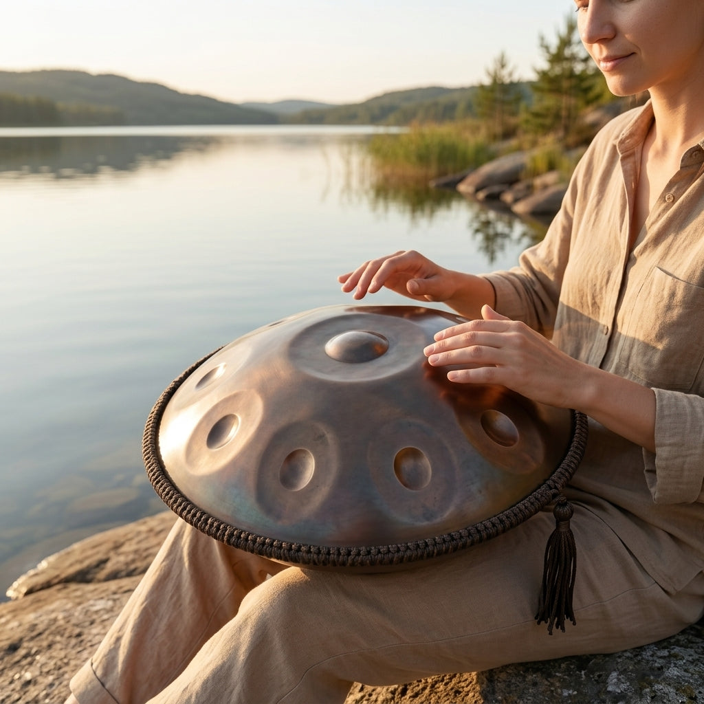 Handpan Aura Sacrée — Ré mineur (D Kurd) joué au coucher du soleil au bord de l'eau