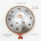 Handpan Chryléo — Ré mineur (D Kurd) — accordé à la main, acier traité, 432/440 Hz
