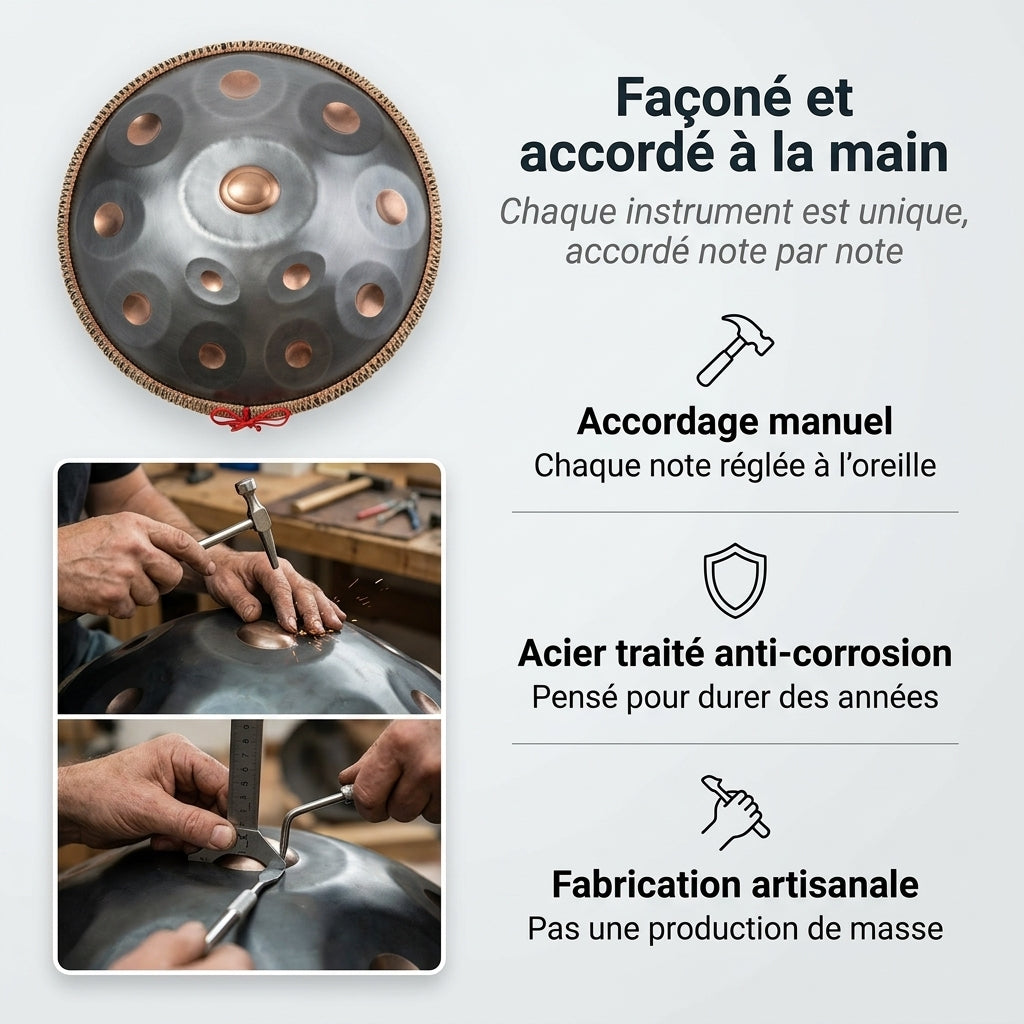 Handpan Chryléo — Ré mineur (D Kurd) façonné et accordé à la main par nos artisans