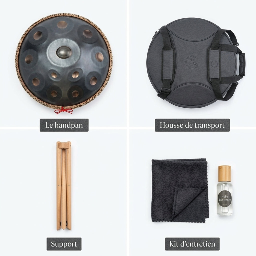 Handpan Chryléo — Ré mineur (D Kurd) — ce qui est inclus : housse, support, kit d'entretien