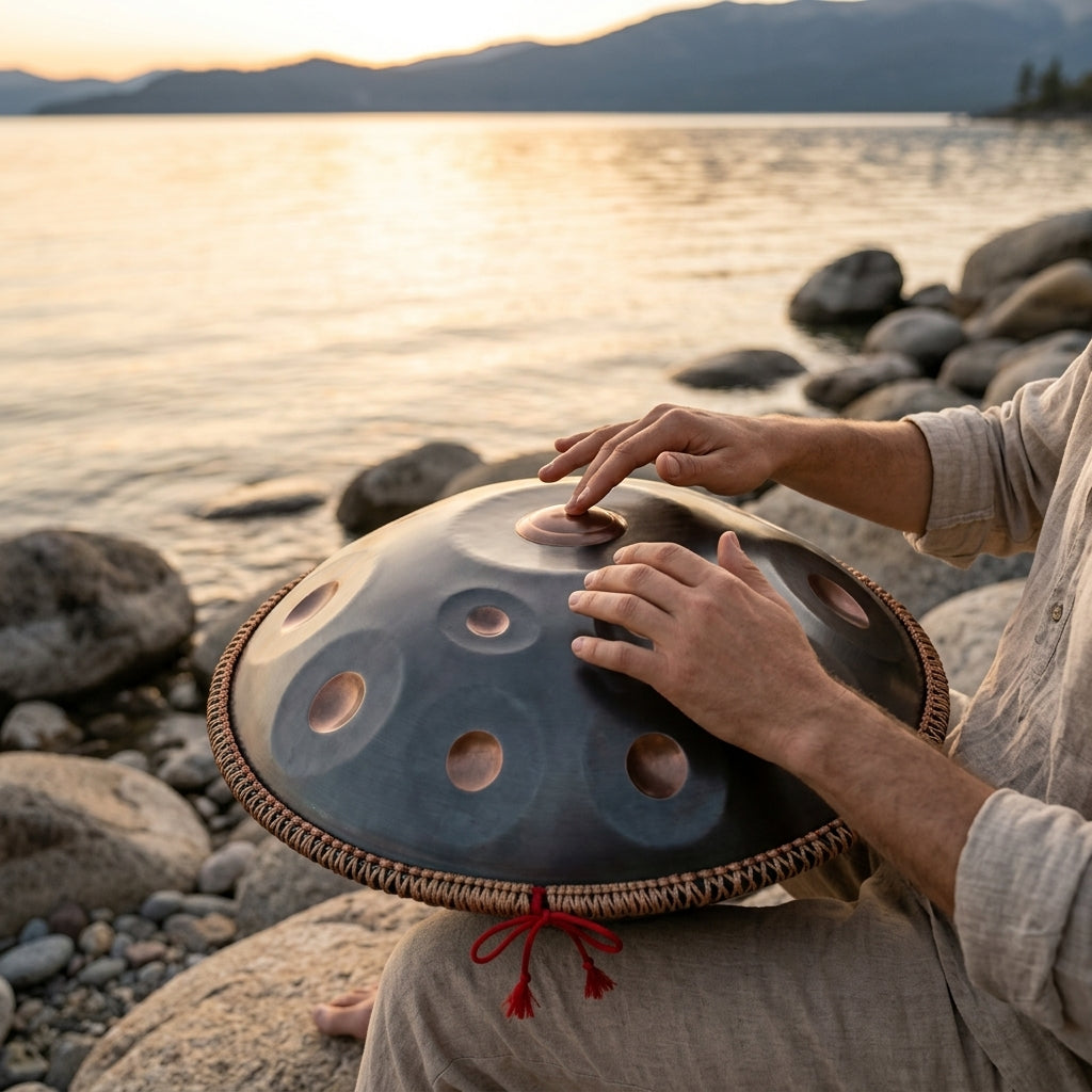 Handpan Chryléo — Ré mineur (D Kurd) joué au coucher du soleil au bord de l'eau
