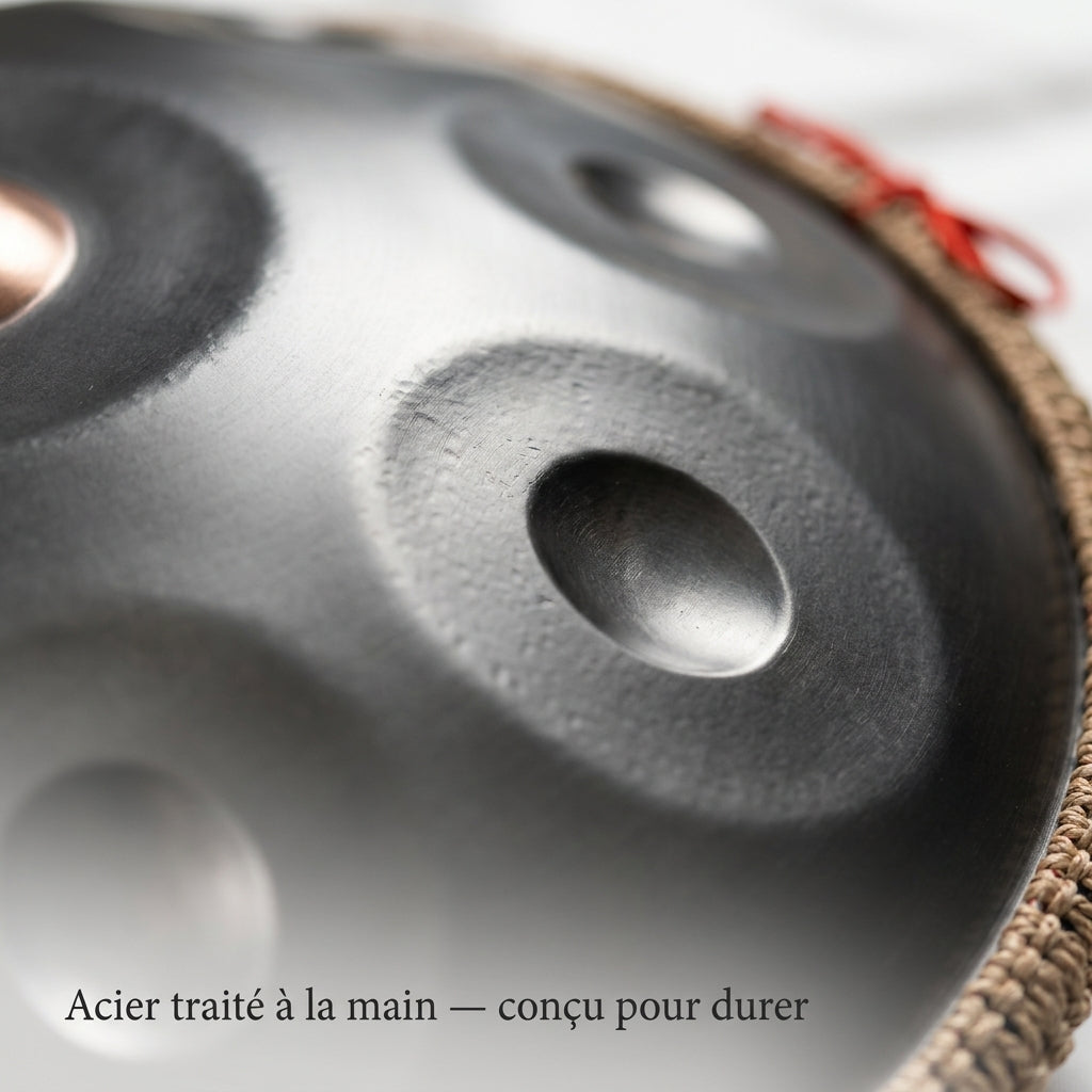 Acier traité à la main du Handpan Chryléo — Ré mineur (D Kurd) — conçu pour durer