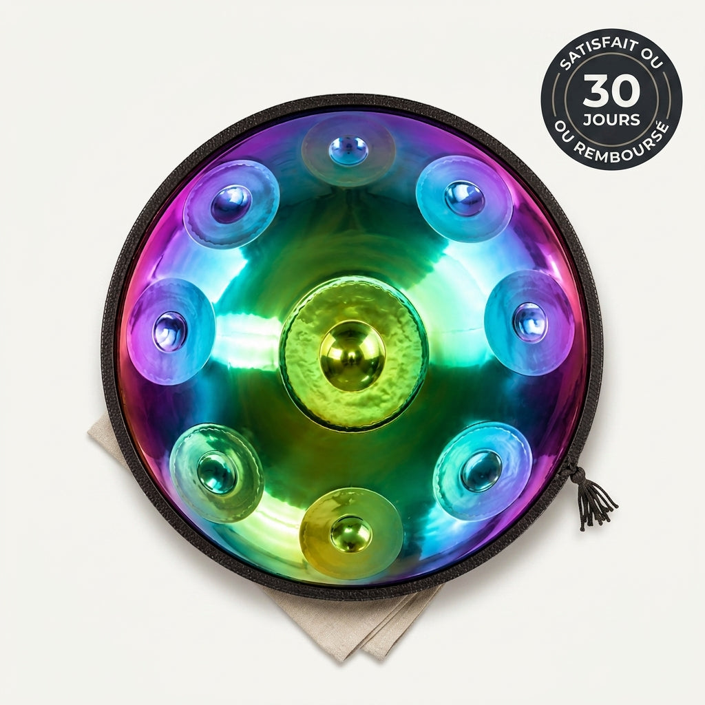 Handpan Cosmos — Ré mineur (D Kurd) — vue studio, garantie satisfait ou remboursé 30 jours