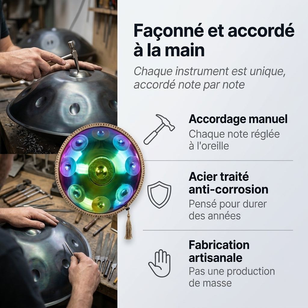 Handpan Cosmos — Ré mineur (D Kurd) façonné et accordé à la main par nos artisans