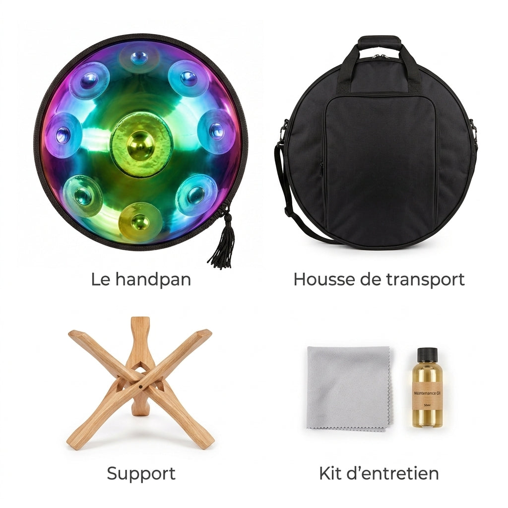 Handpan Cosmos — Ré mineur (D Kurd) — ce qui est inclus : housse, support, kit d'entretien