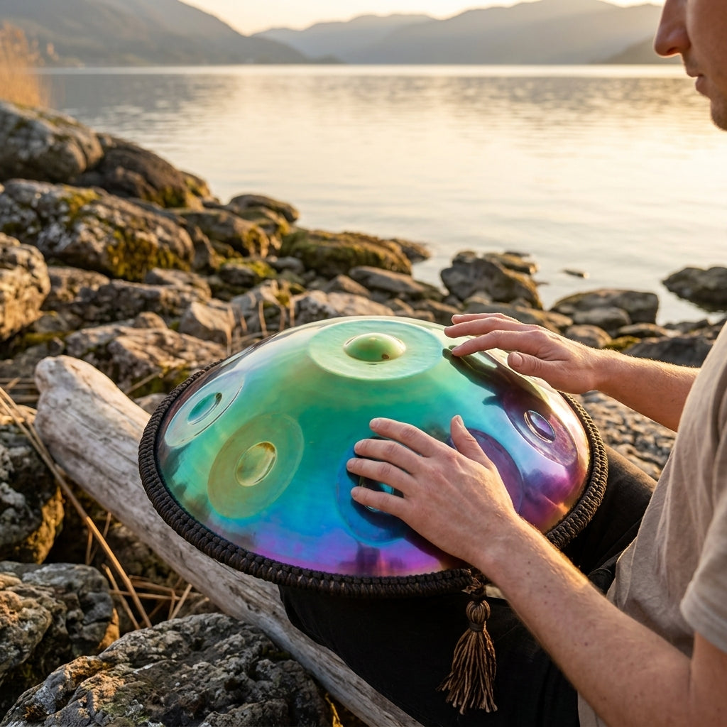 Handpan Cosmos — Ré mineur (D Kurd) joué au coucher du soleil au bord de l'eau