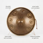 Handpan Elysia — Ré mineur (D Kurd) — accordé à la main, acier traité, 432/440 Hz