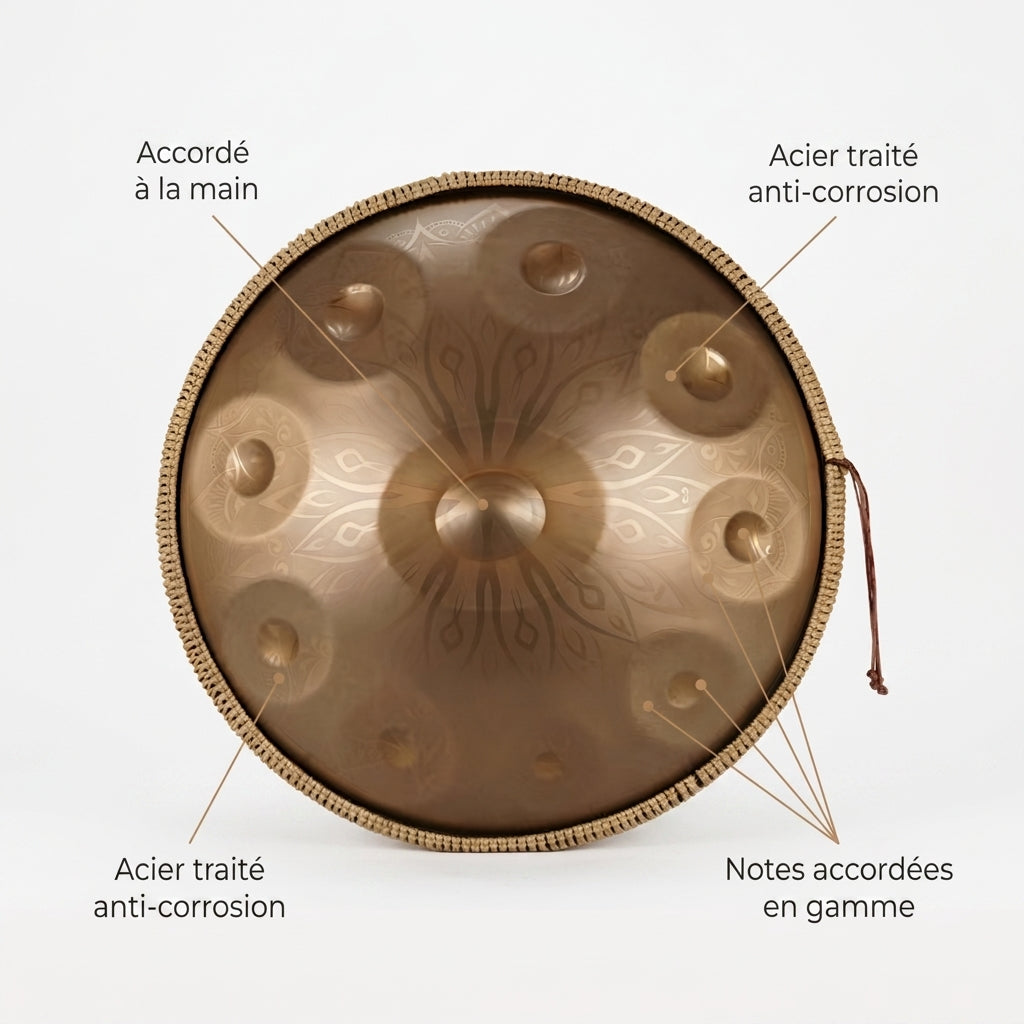 Handpan Elysia — Ré mineur (D Kurd) — accordé à la main, acier traité, 432/440 Hz