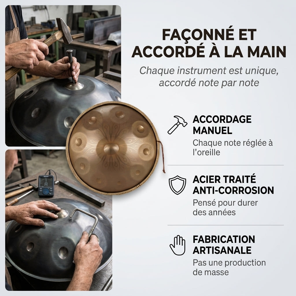 Handpan Elysia — Ré mineur (D Kurd) façonné et accordé à la main par nos artisans
