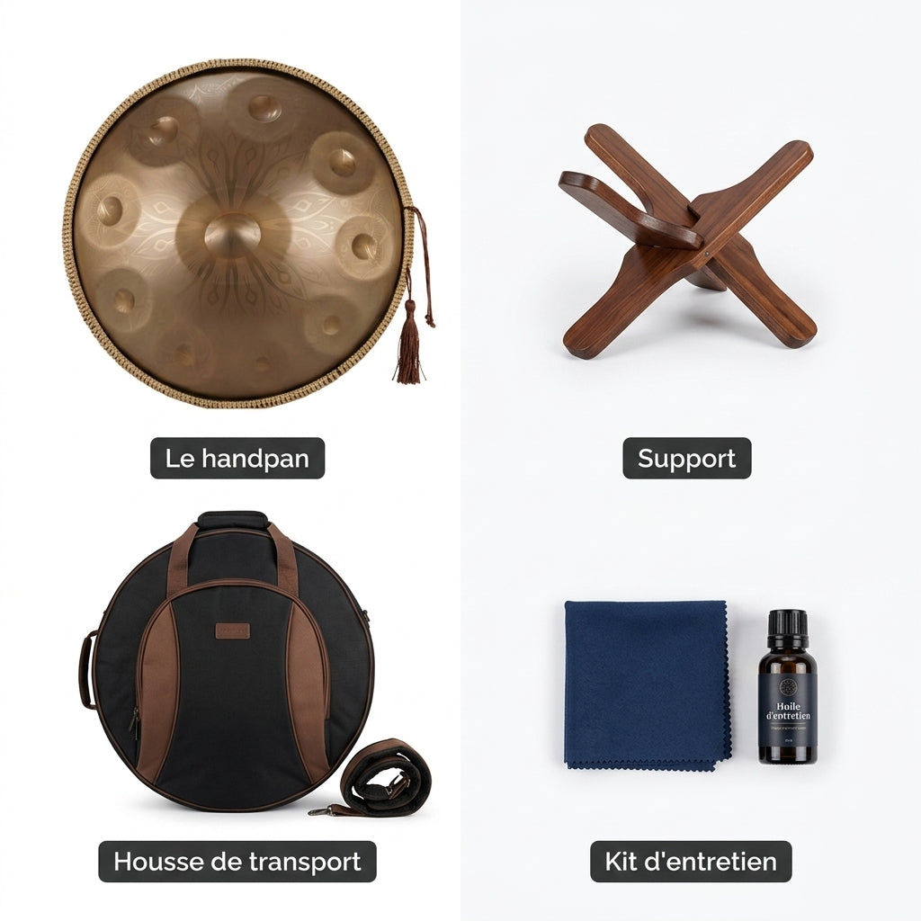 Handpan Elysia — Ré mineur (D Kurd) — ce qui est inclus : housse, support, kit d'entretien