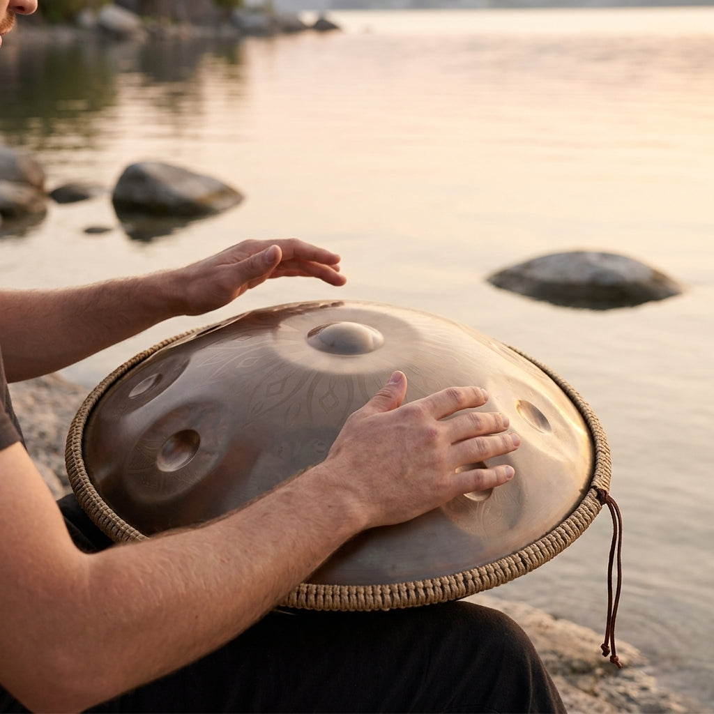 Handpan Elysia — Ré mineur (D Kurd) joué au coucher du soleil au bord de l'eau