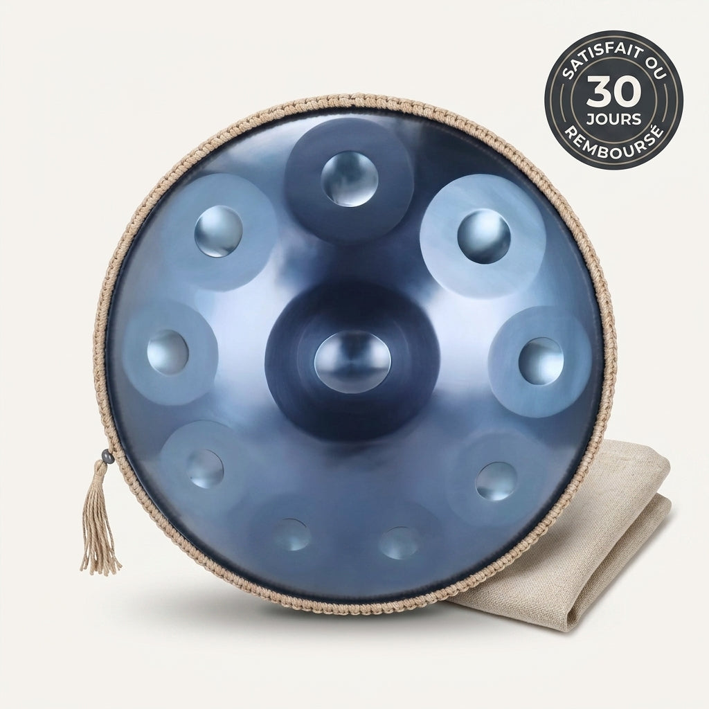 Handpan Évasion Astrale — Ré mineur (D Kurd) — vue studio, garantie satisfait ou remboursé 30 jours