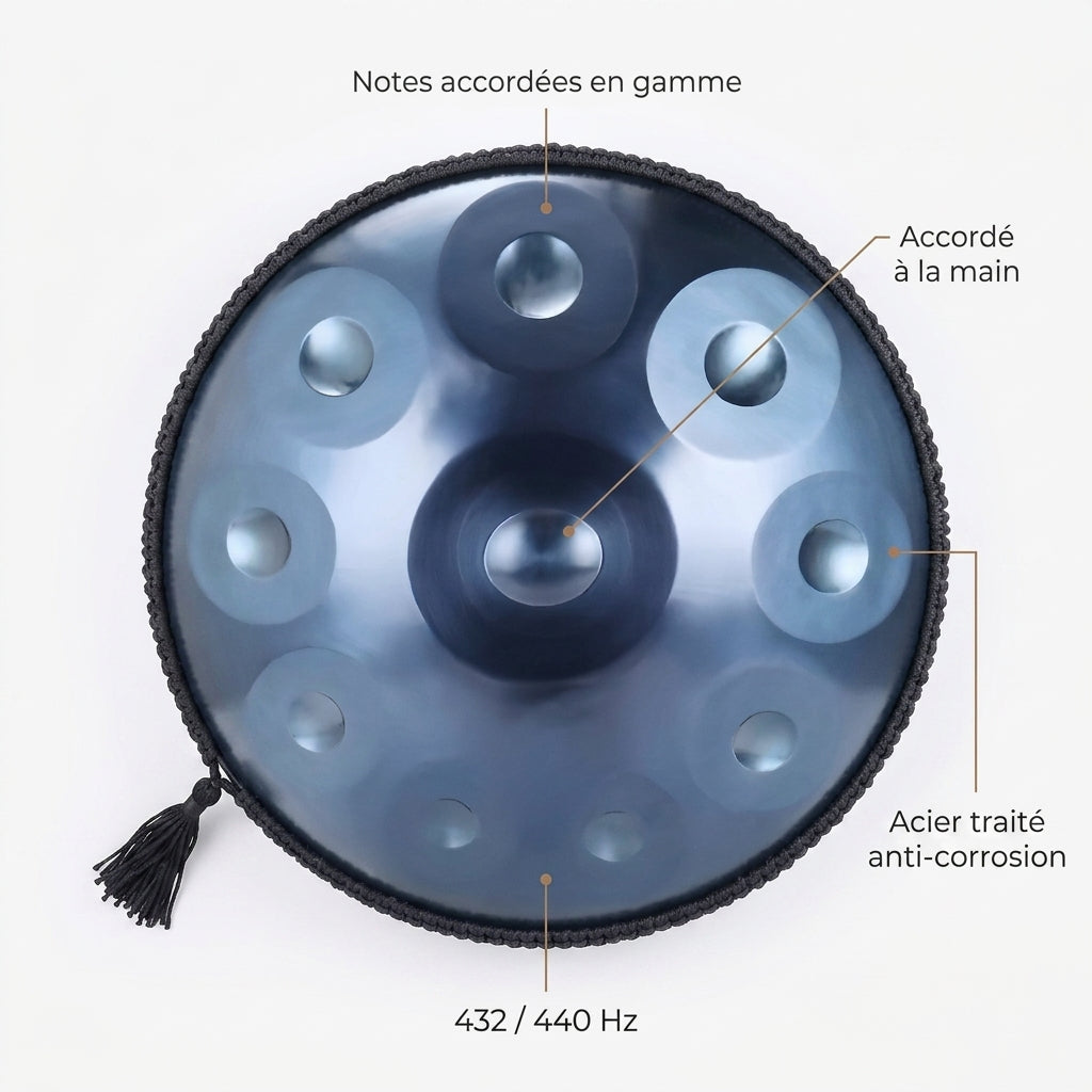 Handpan Évasion Astrale — Ré mineur (D Kurd) — accordé à la main, acier traité, 432/440 Hz