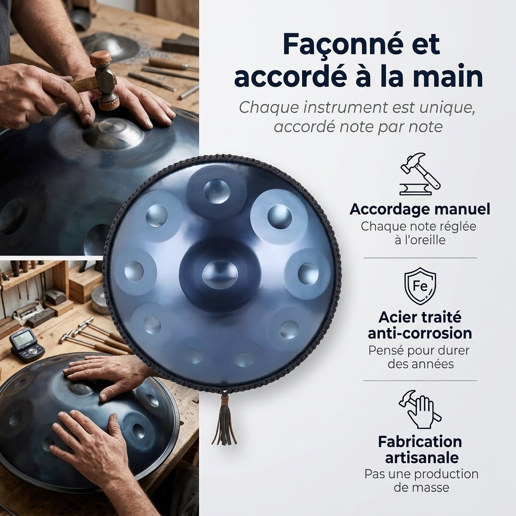 Handpan Évasion Astrale — Ré mineur (D Kurd) façonné et accordé à la main par nos artisans