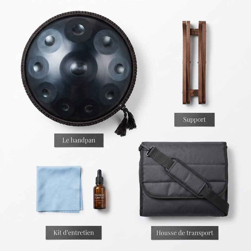 Handpan Évasion Astrale — Ré mineur (D Kurd) — ce qui est inclus : housse, support, kit d'entretien