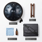 Handpan Évasion Astrale — Ré mineur (D Kurd) — ce qui est inclus : housse, support, kit d'entretien