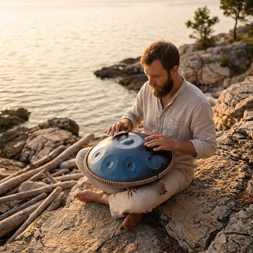 Handpan Évasion Astrale — Ré mineur (D Kurd) joué au coucher du soleil au bord de l'eau