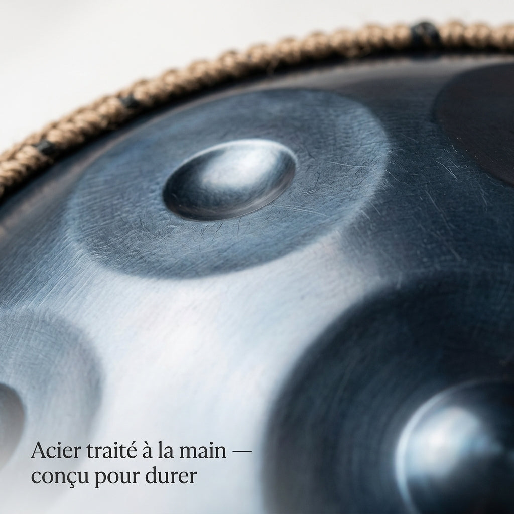 Acier traité à la main du Handpan Évasion Astrale — Ré mineur (D Kurd) — conçu pour durer