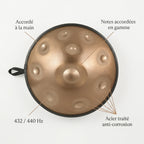 Handpan Exception — Ré mineur (D Kurd) — accordé à la main, acier traité, 432/440 Hz