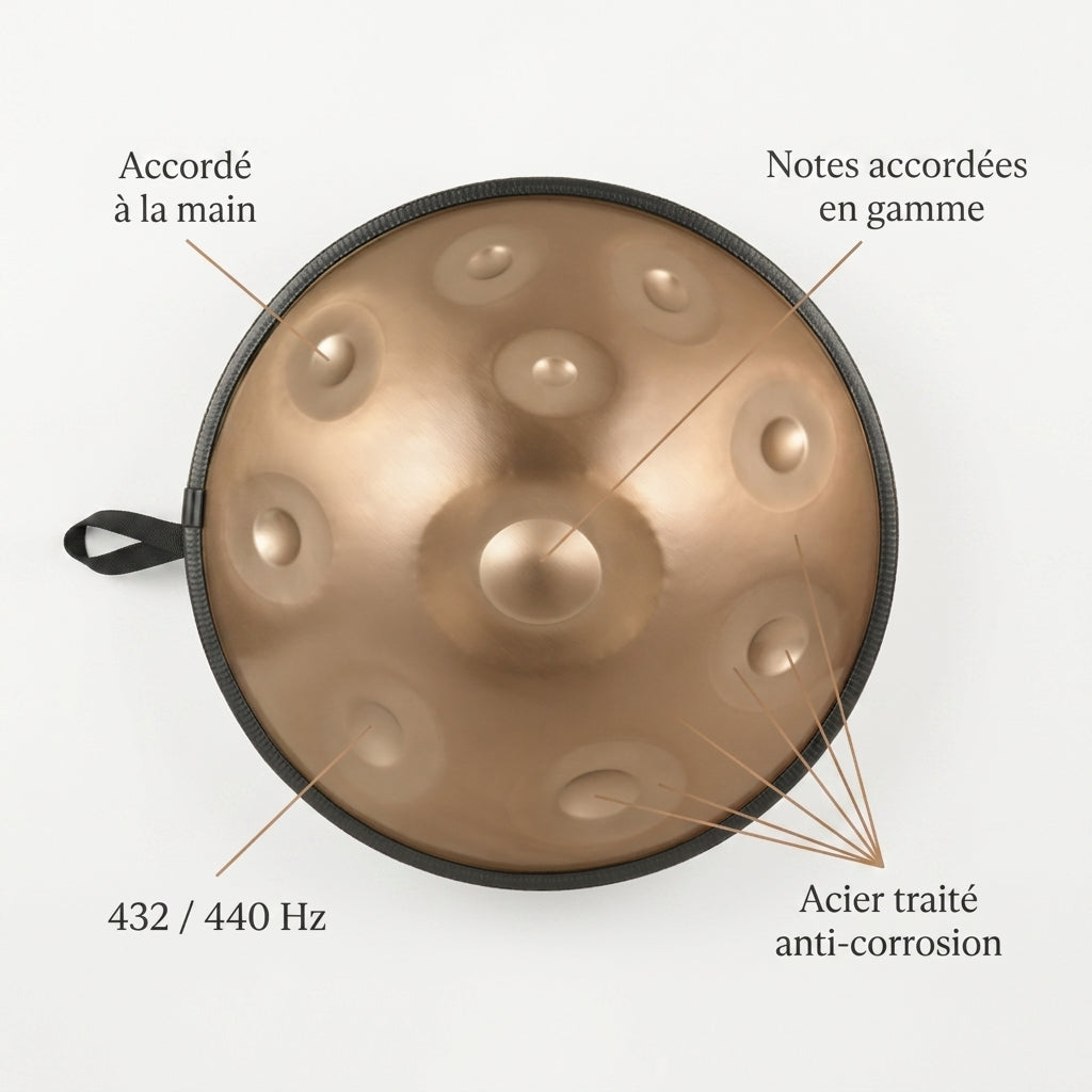Handpan Exception — Ré mineur (D Kurd) — accordé à la main, acier traité, 432/440 Hz
