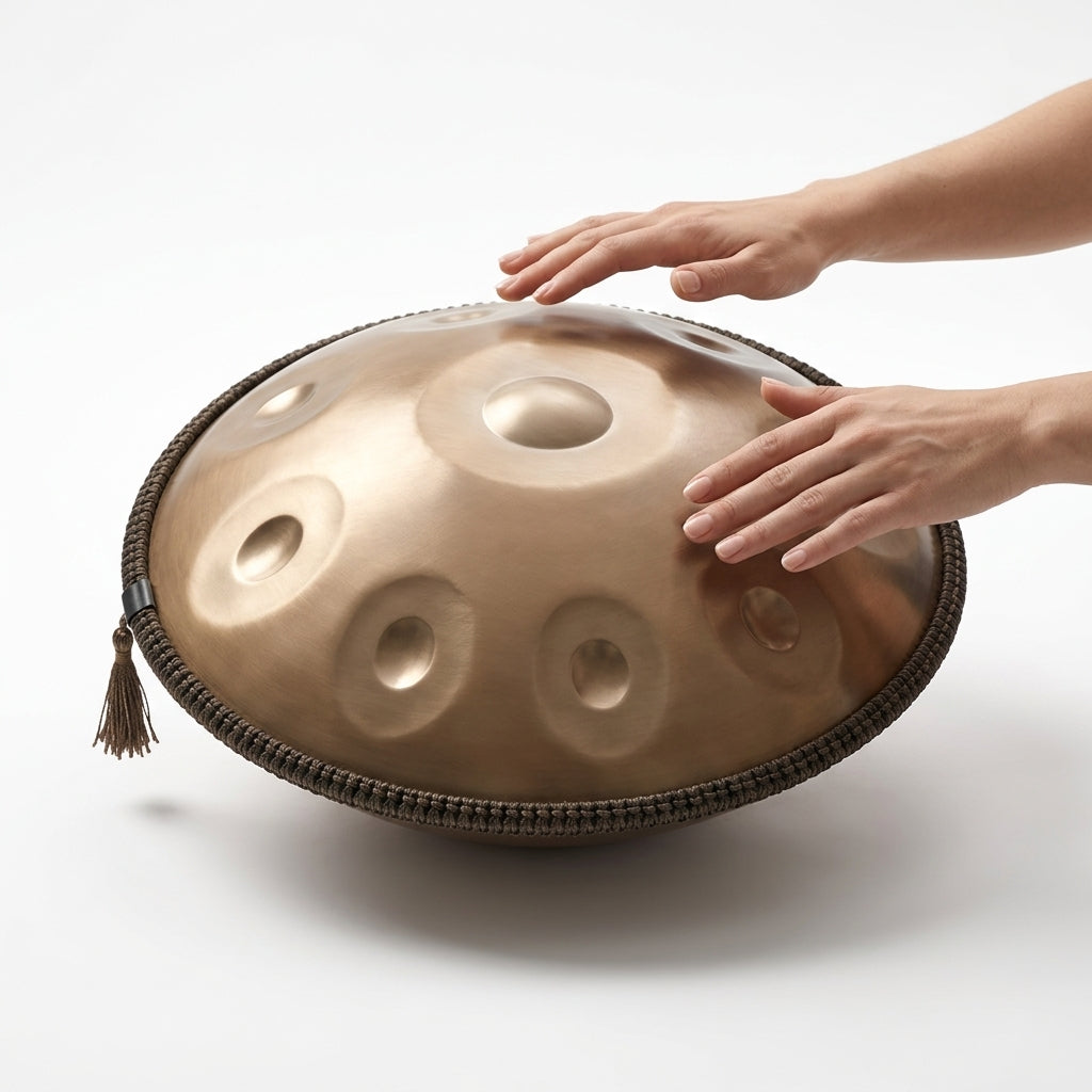 Handpan Exception — Ré mineur (D Kurd) — gros plan, prêt à jouer