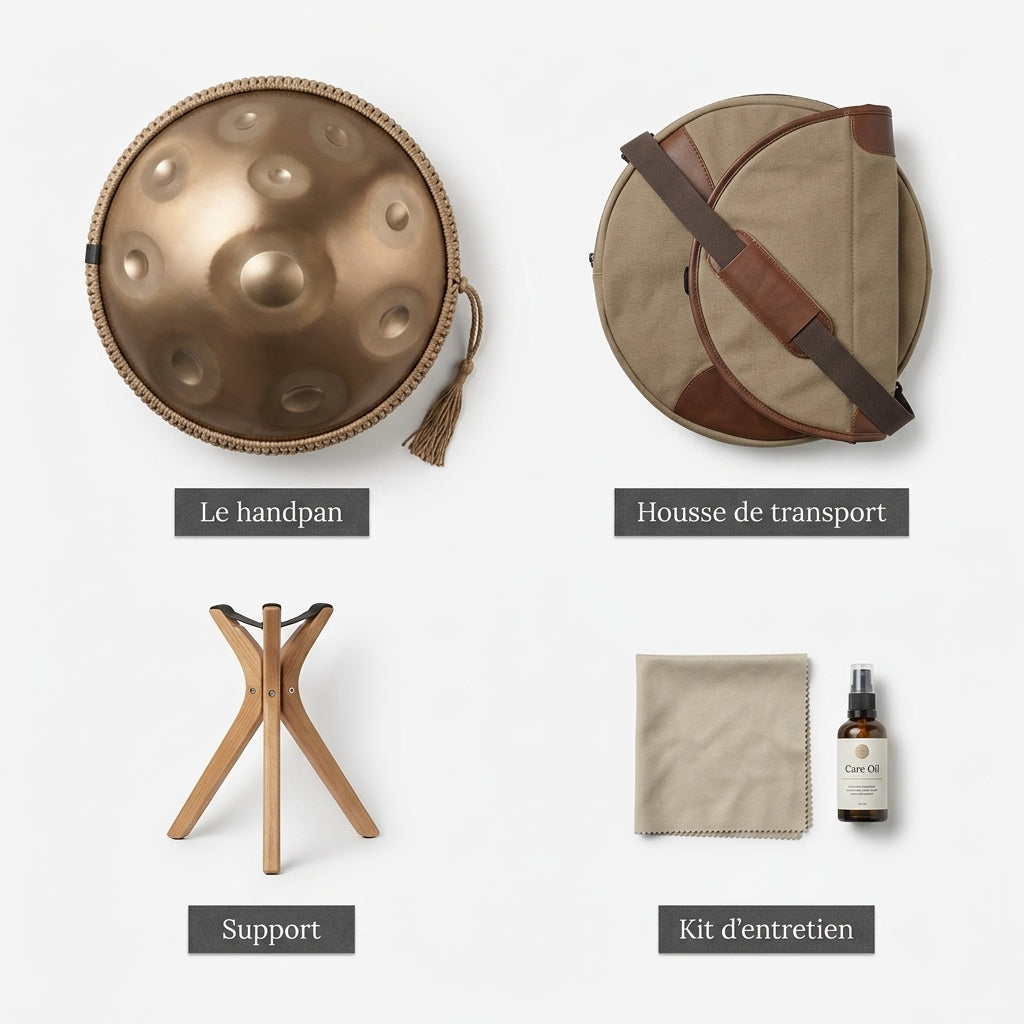 Handpan Exception — Ré mineur (D Kurd) — ce qui est inclus : housse, support, kit d'entretien