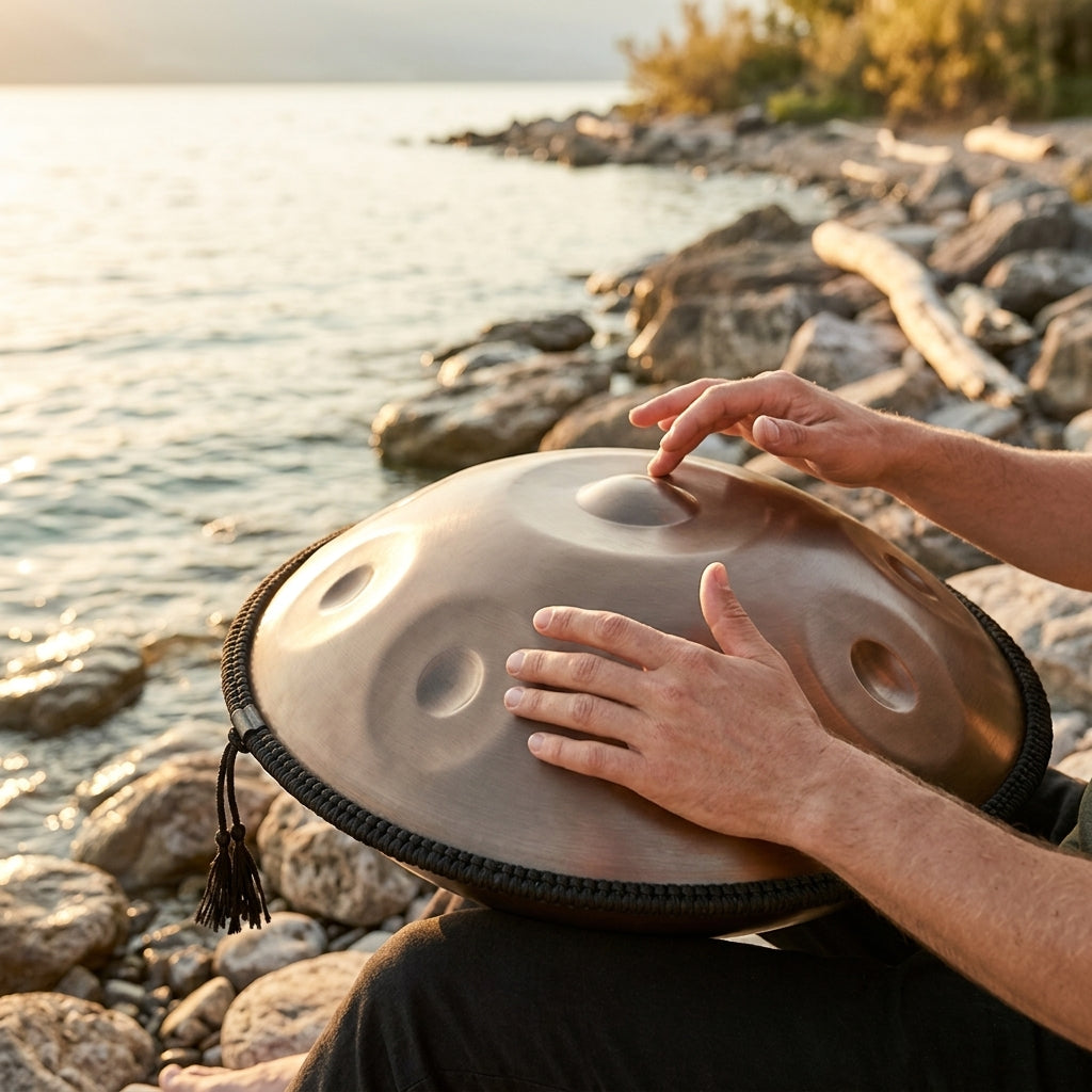 Handpan Exception — Ré mineur (D Kurd) joué au coucher du soleil au bord de l'eau