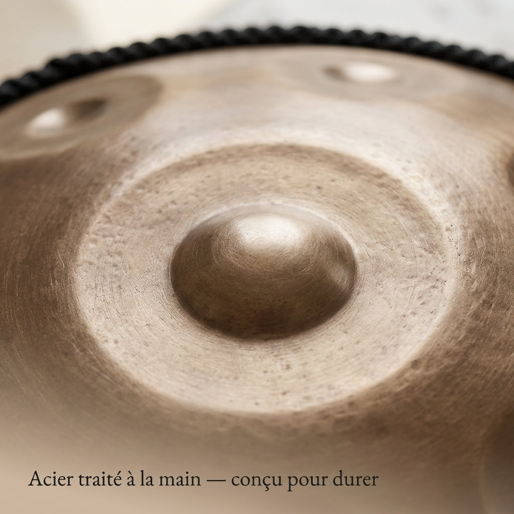 Acier traité à la main du Handpan Exception — Ré mineur (D Kurd) — conçu pour durer
