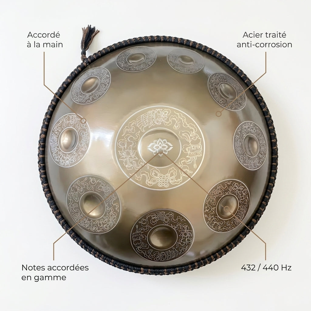 Handpan Hikari — Ré mineur (D Kurd) — accordé à la main, acier traité, 432/440 Hz