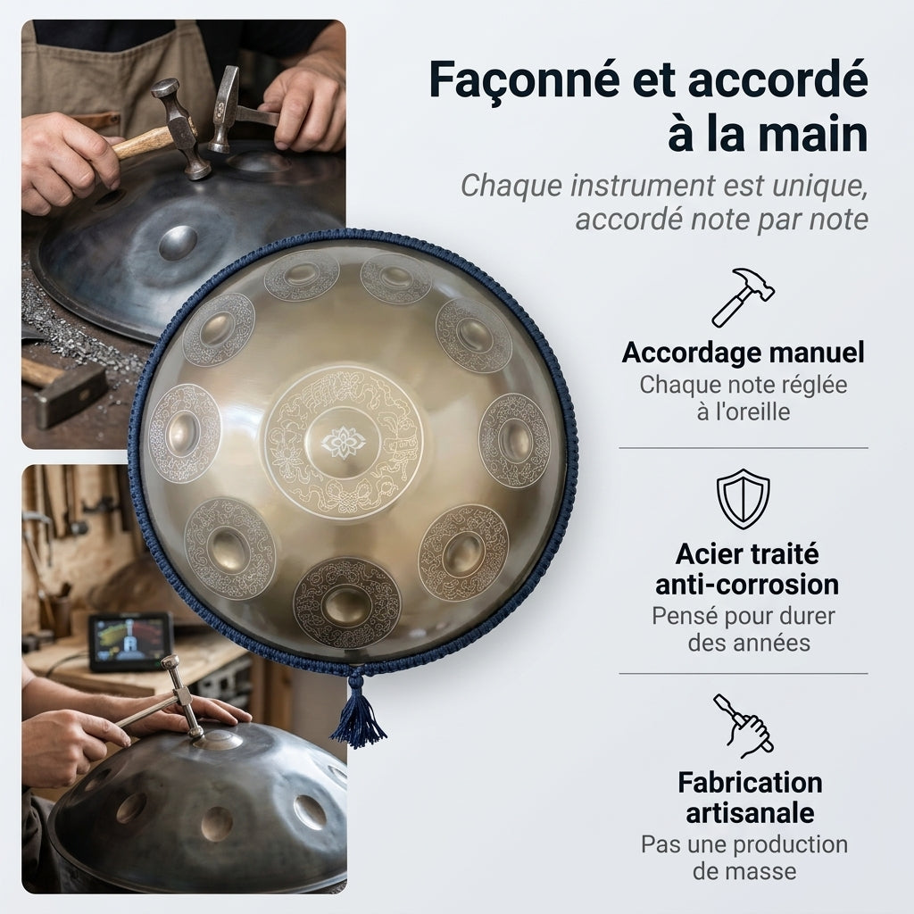 Handpan Hikari — Ré mineur (D Kurd) façonné et accordé à la main par nos artisans