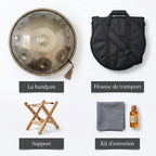 Handpan Hikari — Ré mineur (D Kurd) — ce qui est inclus : housse, support, kit d'entretien
