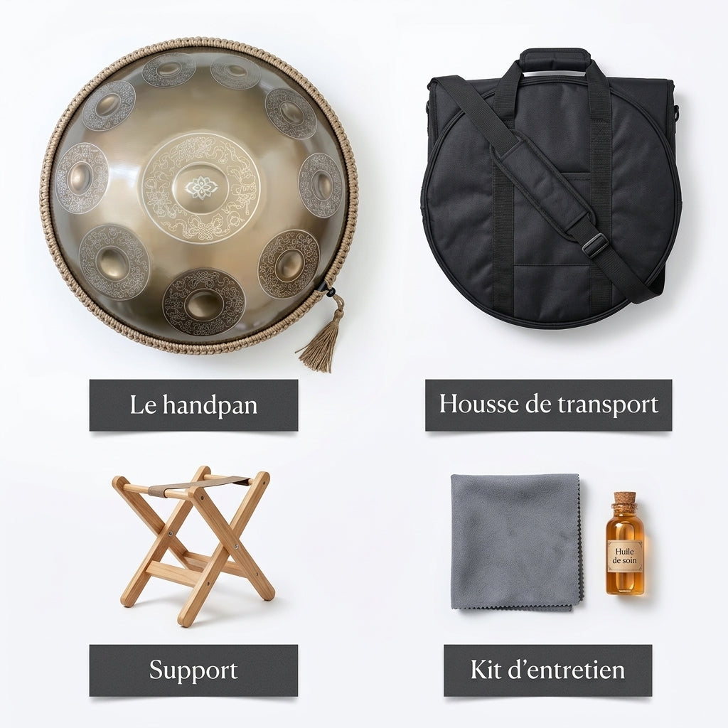 Handpan Hikari — Ré mineur (D Kurd) — ce qui est inclus : housse, support, kit d'entretien