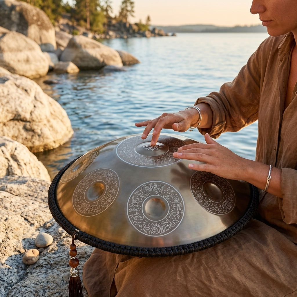 Handpan Hikari — Ré mineur (D Kurd) joué au coucher du soleil au bord de l'eau