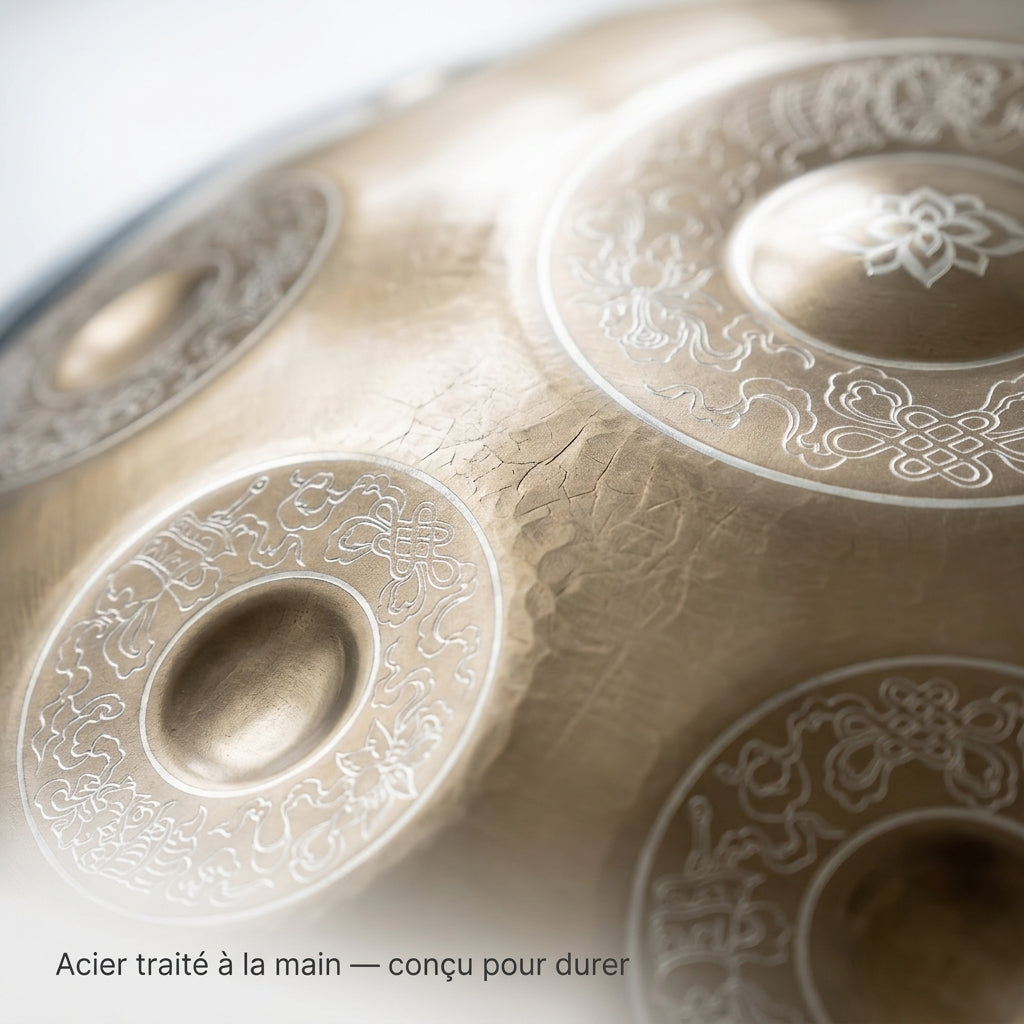 Acier traité à la main du Handpan Hikari — Ré mineur (D Kurd) — conçu pour durer