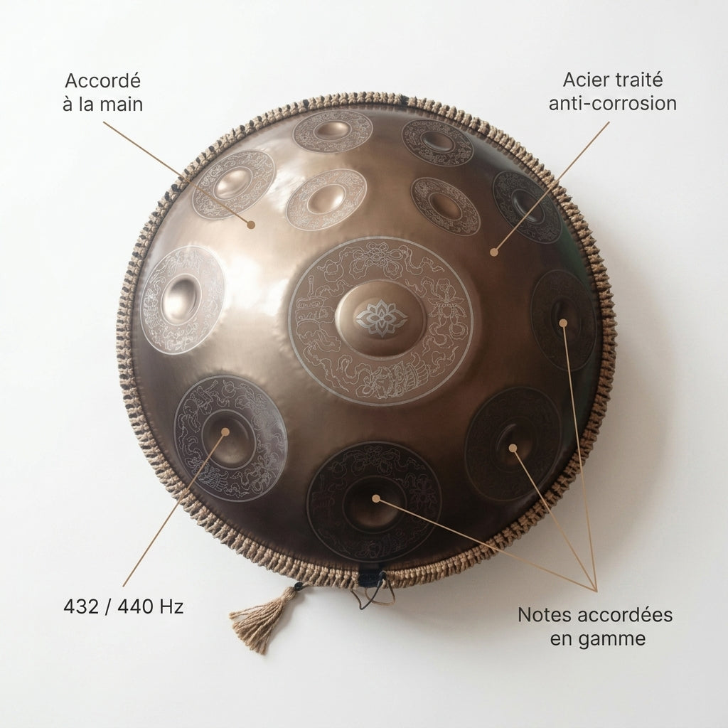 Handpan Lumora — Ré mineur (D Kurd) — accordé à la main, acier traité, 432/440 Hz