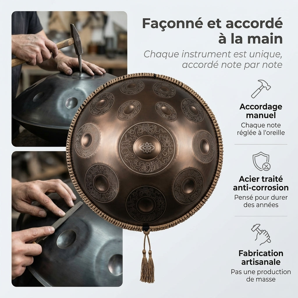 Handpan Lumora — Ré mineur (D Kurd) façonné et accordé à la main par nos artisans
