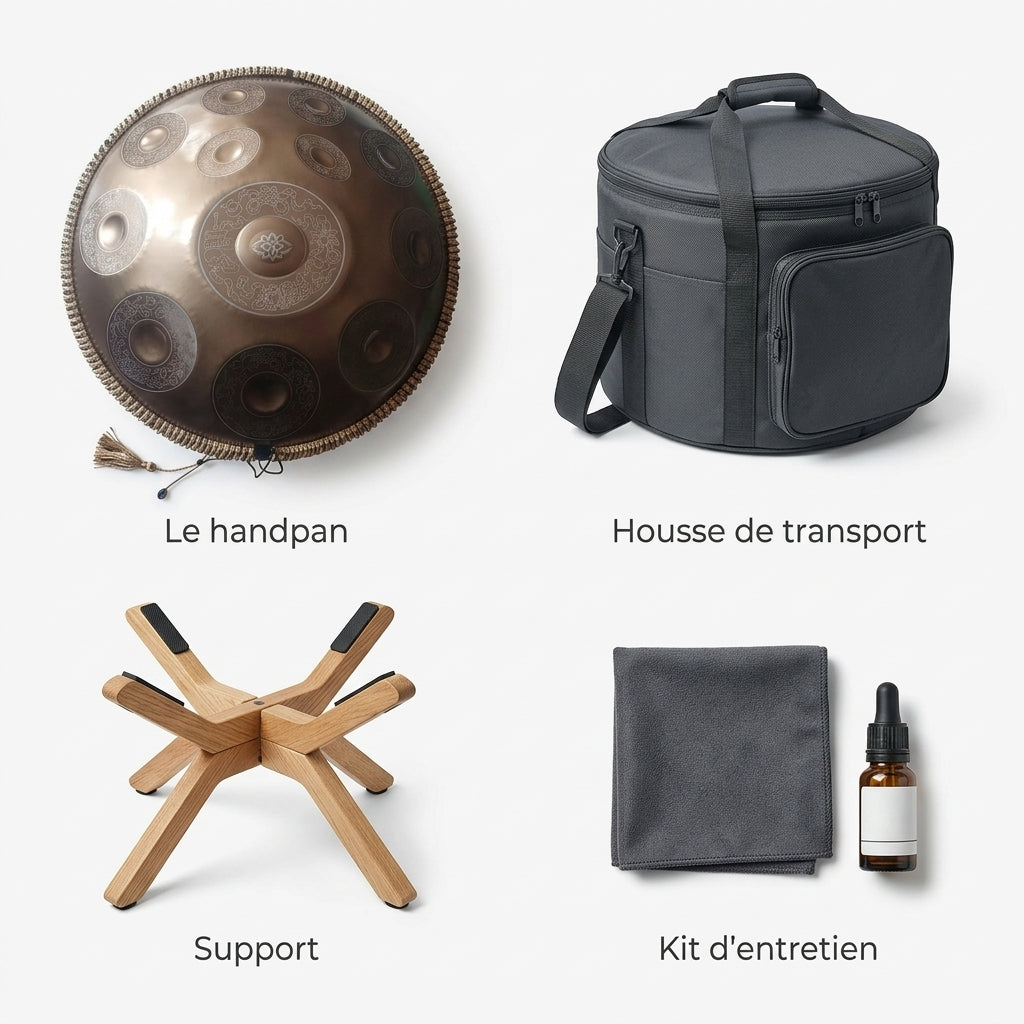 Handpan Lumora — Ré mineur (D Kurd) — ce qui est inclus : housse, support, kit d'entretien