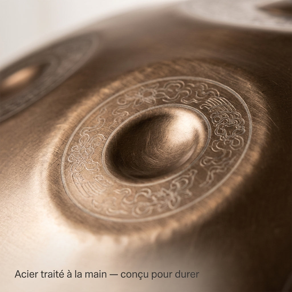 Acier traité à la main du Handpan Lumora — Ré mineur (D Kurd) — conçu pour durer