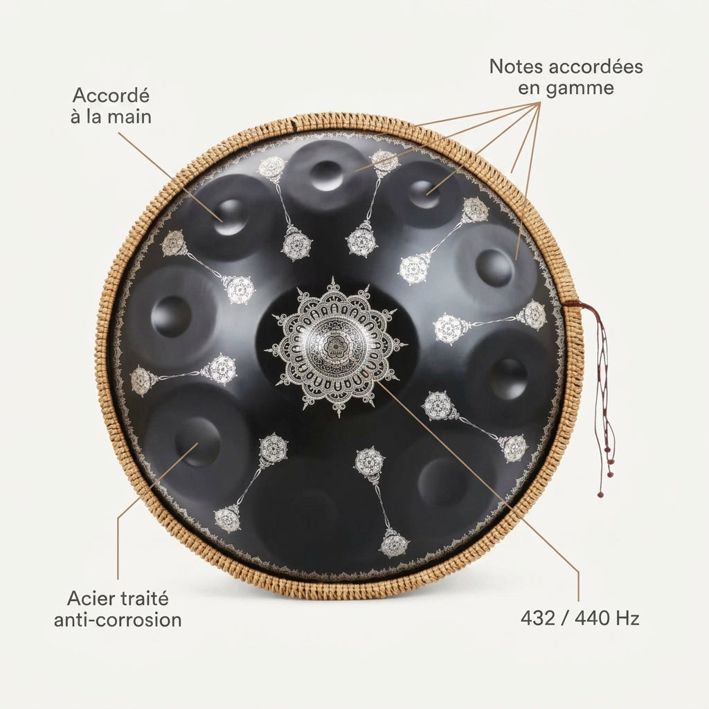 Handpan Lunar — Ré mineur (D Kurd) — accordé à la main, acier traité, 432/440 Hz