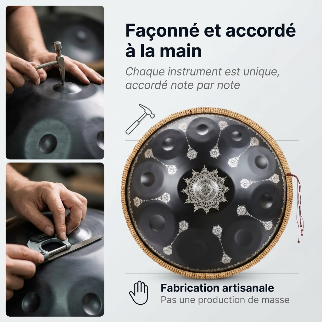 Handpan Lunar — Ré mineur (D Kurd) façonné et accordé à la main par nos artisans