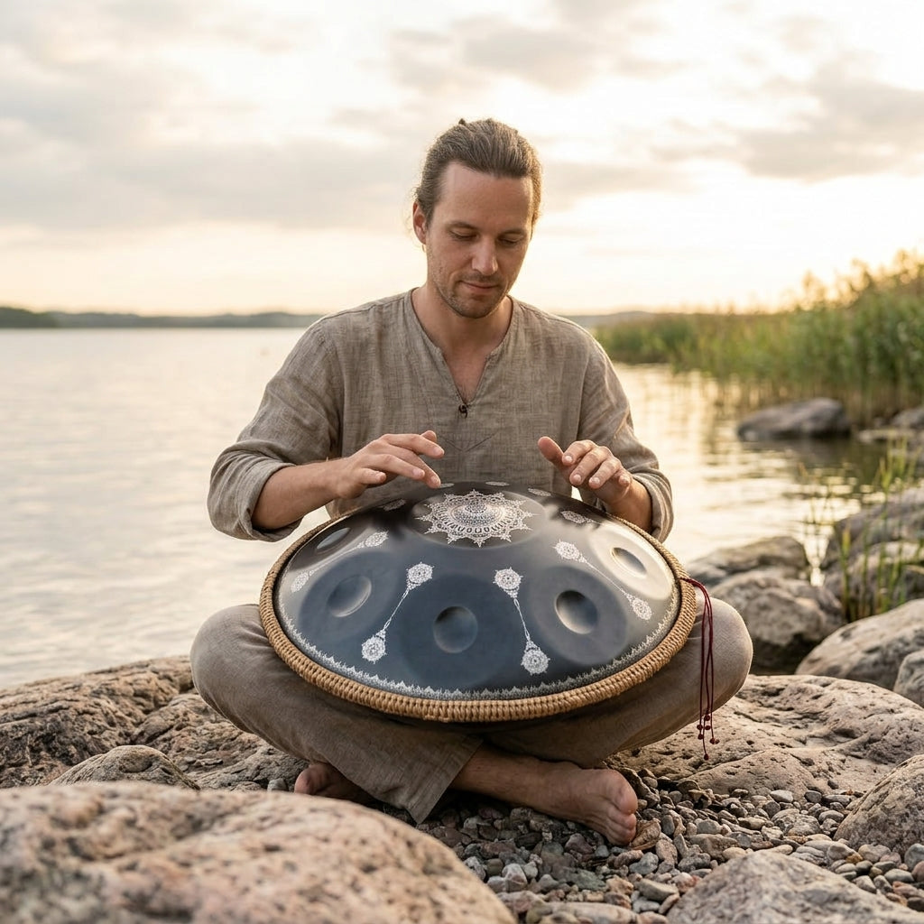Handpan Lunar — Ré mineur (D Kurd) joué au coucher du soleil au bord de l'eau