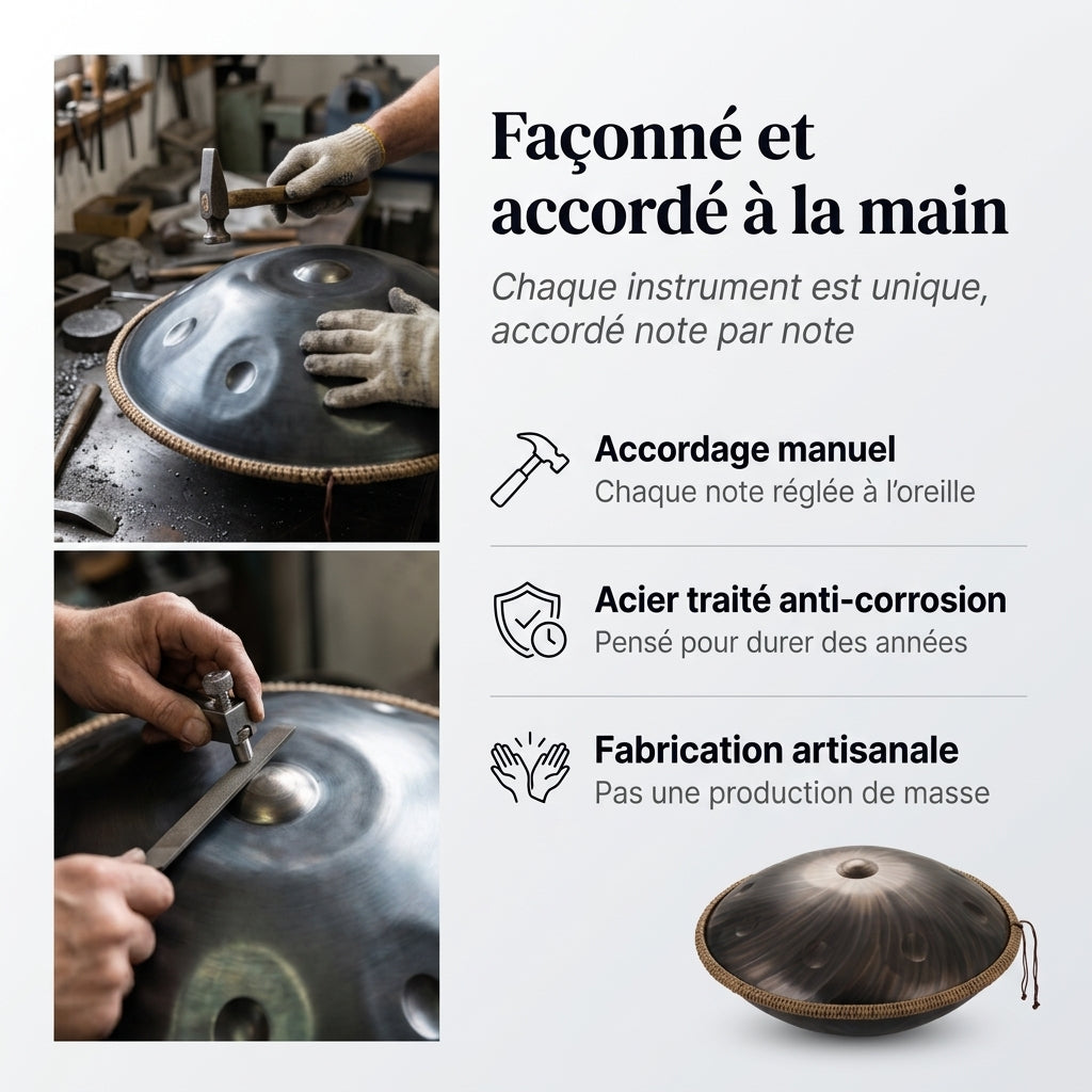 Handpan Mandala — Ré mineur (D Kurd) façonné et accordé à la main par nos artisans