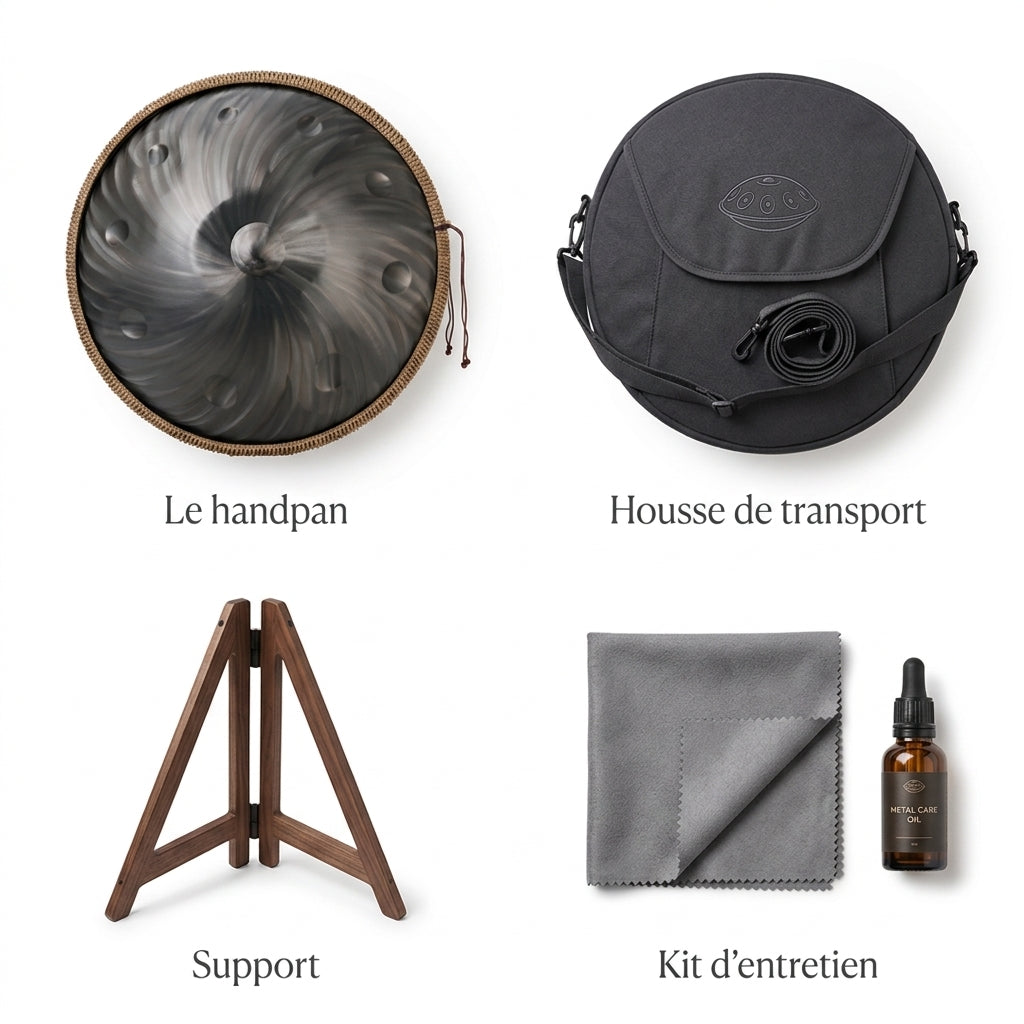 Handpan Mandala — Ré mineur (D Kurd) — ce qui est inclus : housse, support, kit d'entretien